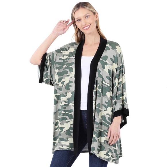 New! Soft Fabulous Green Camouflage Cardigan Open Front Kimono - Picture 6 of 8